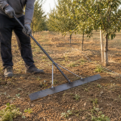 RootBurn wide steel mountain hoe used in an orchard lane